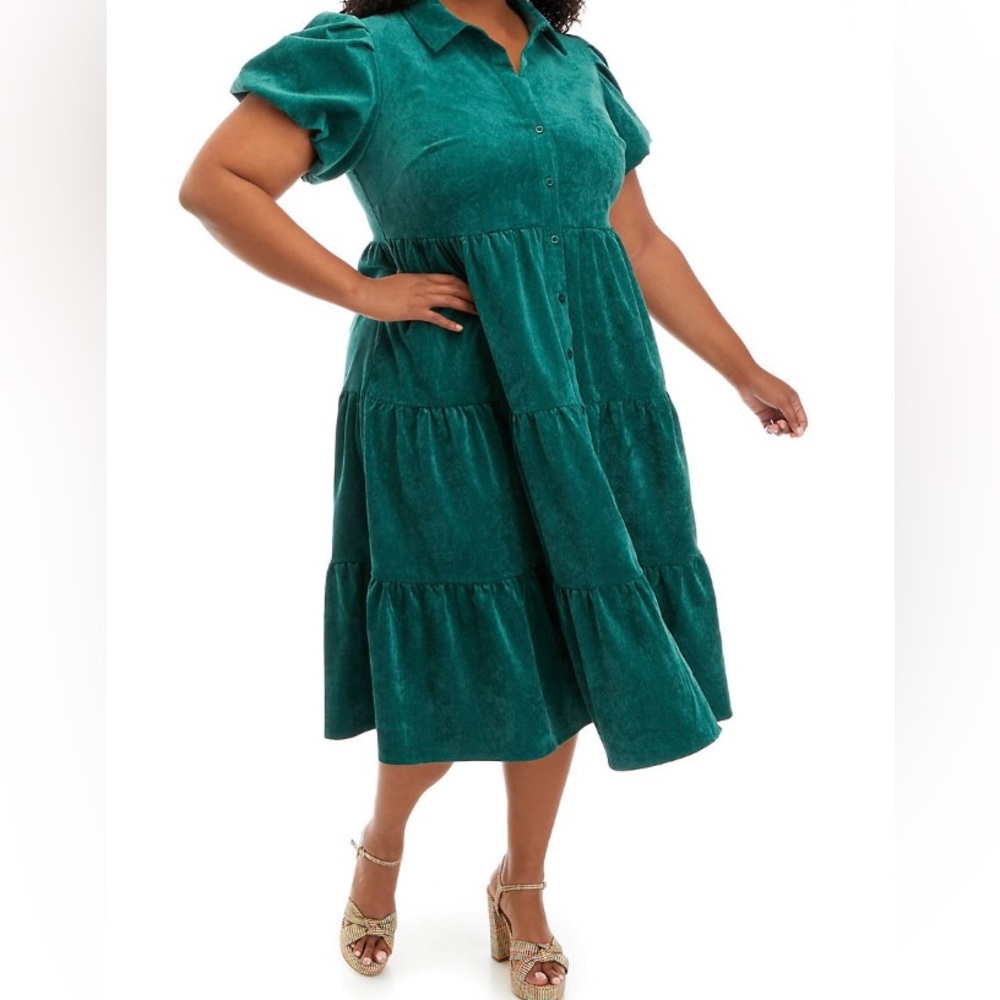 Plus Size Teal Tiered Midi Dress with Collar